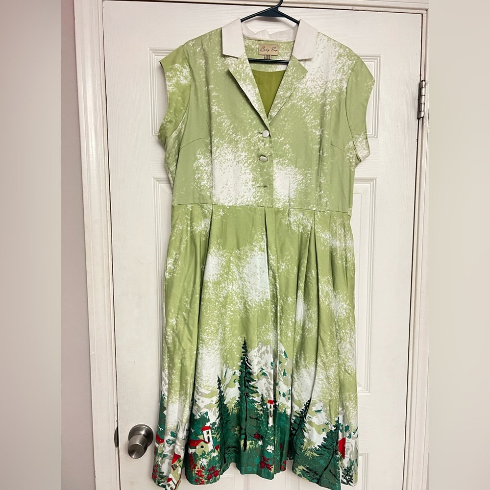 Lindy Bop Green and White Forest Print Midi Dress